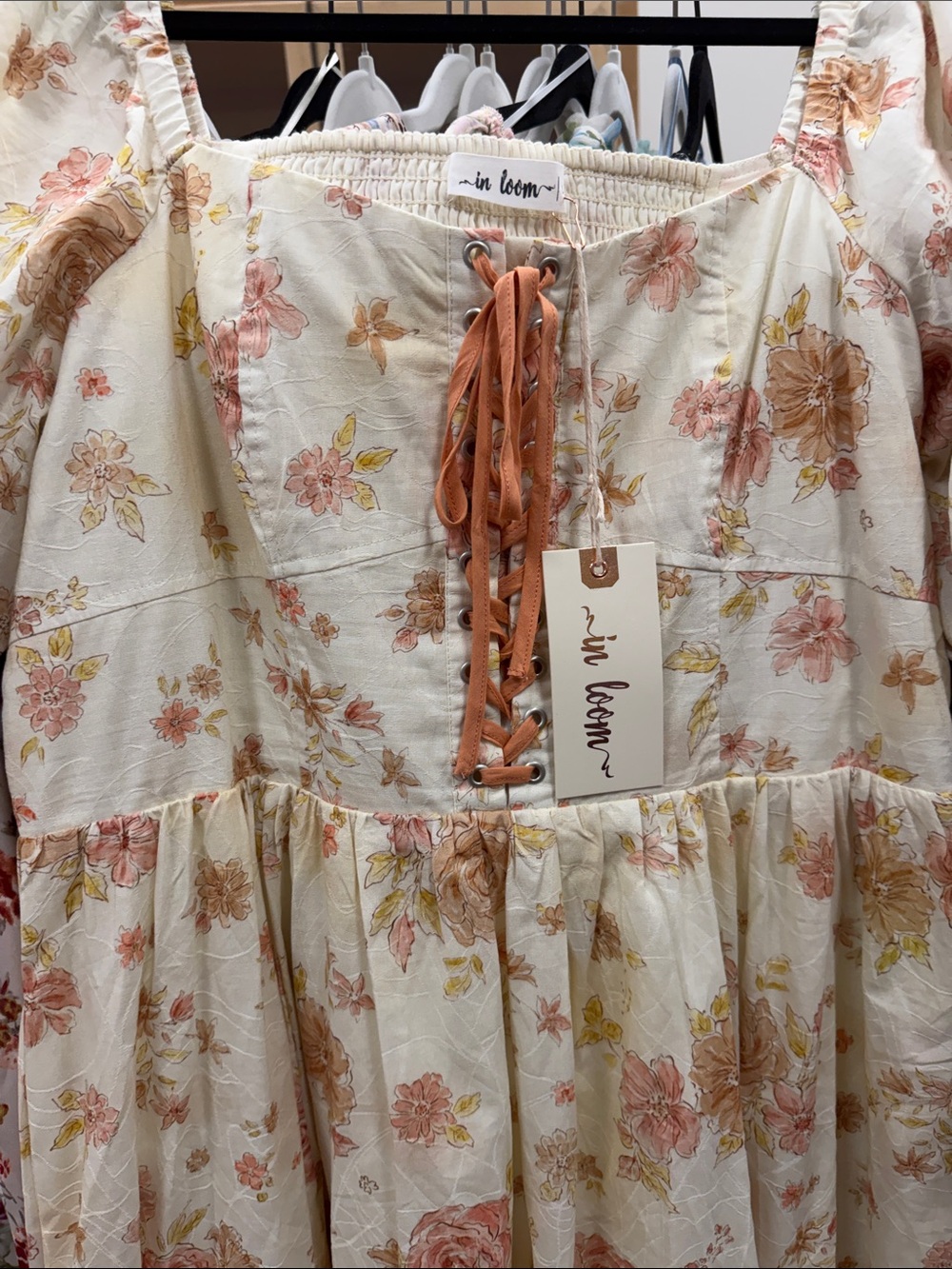 Women’s Floral Maxi Dress with Lace-Up Front - Cream & Coral - Picture 2 of 4